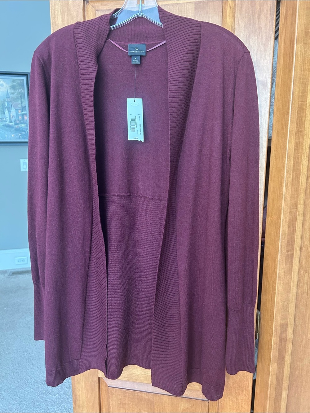 NWT Worthington Open Front Maroon Tunic Cardigan Size Large